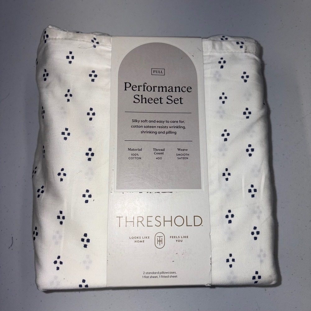 Threshold Full Performance Sheet Set 400 TC Cotton Sateen White Blue Diamond